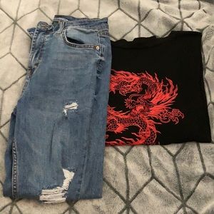 mom jeans,  over sized black shirt with red dragon